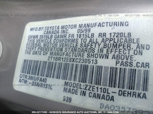 2T1BR12E8XC230513 - 1999 TOYOTA COROLLA VE/CE/LE 金色 照片 9