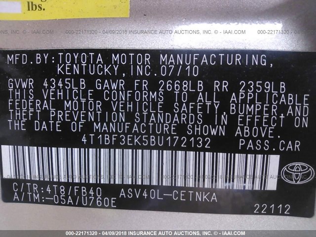 4T1BF3EK5BU172132 - 2011 TOYOTA CAMRY SE/LE/XLE GOLD photo 9