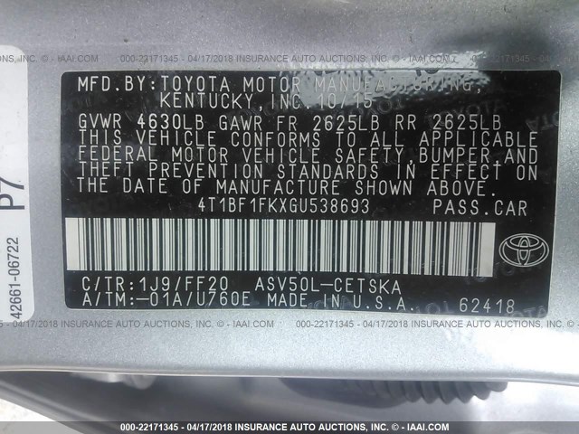 4T1BF1FKXGU538693 - 2016 TOYOTA CAMRY LE/XLE/SE/XSE SILVER photo 9