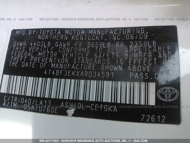 4T4BF3EKXAR034591 - 2010 TOYOTA CAMRY SE/LE/XLE 白色 照片 9