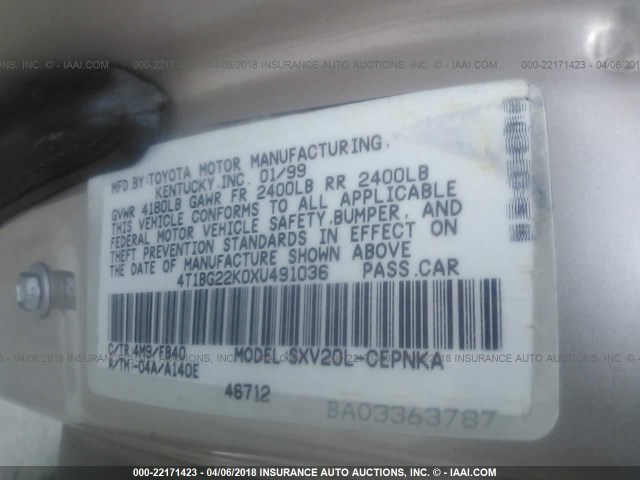 4T1BG22K0XU491036 - 1999 TOYOTA CAMRY CE/LE/XLE 金色 照片 9