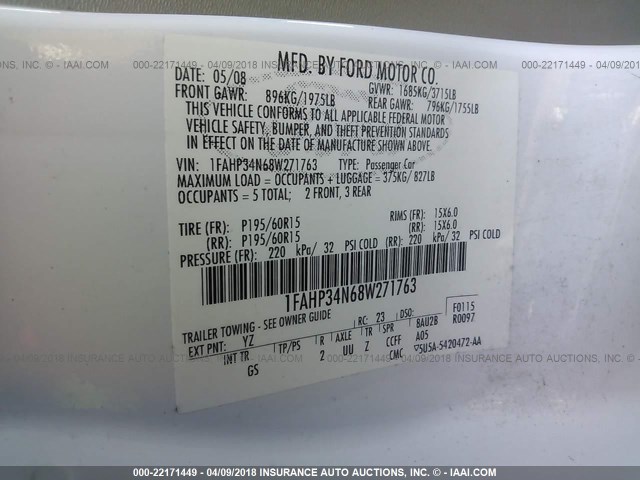 1FAHP34N68W271763 - 2008 FORD FOCUS S/SE WHITE photo 9