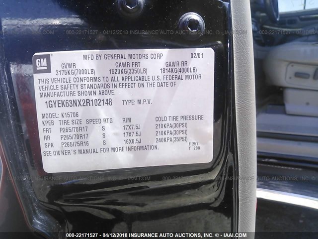 1GYEK63NX2R102148 - 2002 CADILLAC ESCALADE LUXURY შავი ფოტო 9