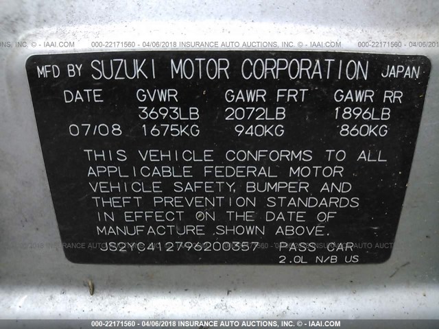 JS2YC412796200357 - 2009 SUZUKI SX4 SILVER photo 9