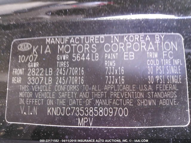 KNDJC735385809700 - 2008 KIA SORENTO EX/LX BLACK photo 9