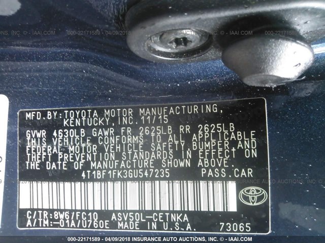 4T1BF1FK3GU547235 - 2016 TOYOTA CAMRY LE/XLE/SE/XSE Blau Foto 9