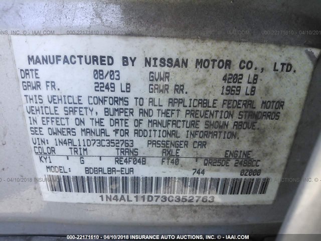 1N4AL11D73C352763 - 2003 NISSAN ALTIMA S/SL SILVER photo 9