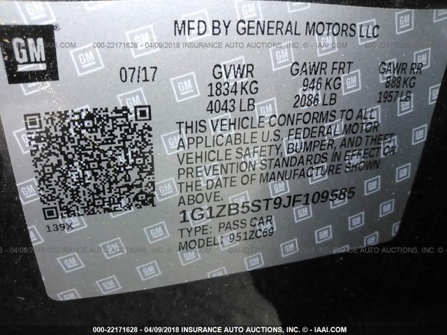 1G1ZB5ST9JF109585 - 2018 CHEVROLET MALIBU LS 灰色 照片 9