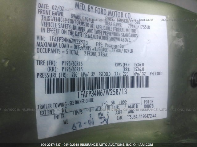 1FAFP34N67W258713 - 2007 FORD FOCUS ZX4/S/SE/SES 绿色 照片 9