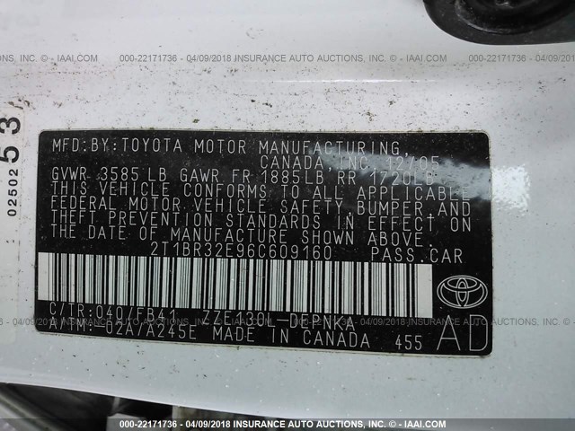 2T1BR32E96C609160 - 2006 TOYOTA COROLLA CE/LE/S WHITE photo 9