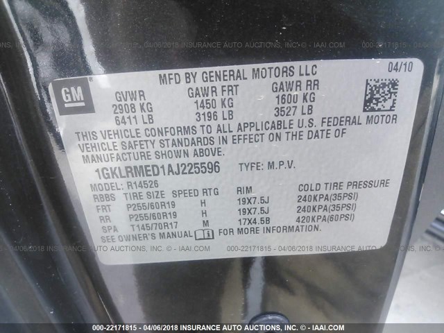 1GKLRMED1AJ225596 - 2010 GMC ACADIA SLT-1 Czarny zdjęcie 9