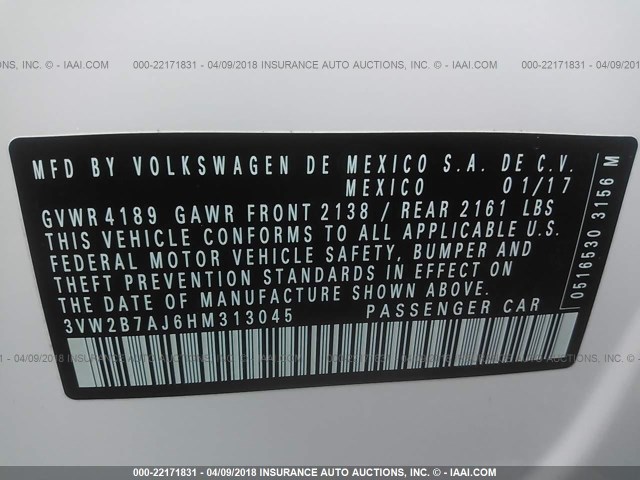 3VW2B7AJ6HM313045 - 2017 VOLKSWAGEN JETTA S 白色 照片 9