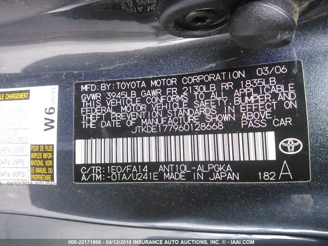 JTKDE177960128668 - 2006 TOYOTA SCION TC 灰色 照片 9