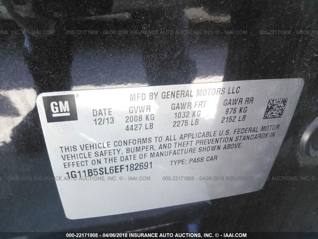 1G11B5SL6EF182691 - 2014 CHEVROLET MALIBU LS 黑色 照片 9