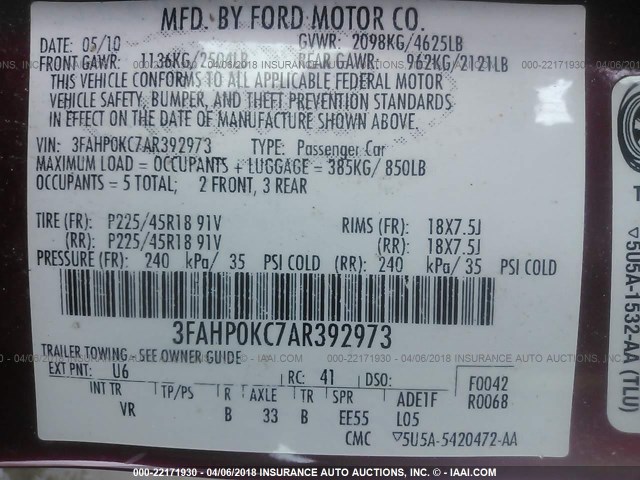 3FAHP0KC7AR392973 - 2010 FORD FUSION SPORT RED photo 9