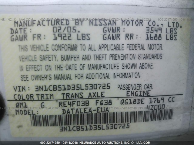 3N1CB51D35L530725 - 2005 NISSAN SENTRA 1.8/1.8S WHITE photo 9