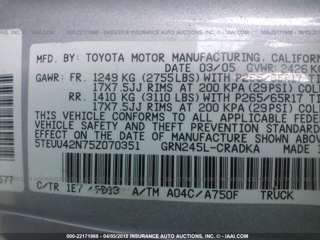 5TEUU42N75Z070351 - 2005 TOYOTA TACOMA ACCESS CAB SILVER photo 9