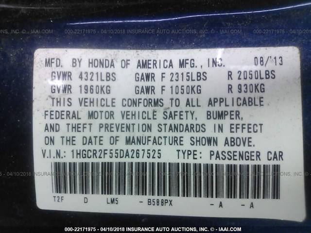 1HGCR2F55DA267525 - 2013 HONDA ACCORD SPORT BLUE photo 9