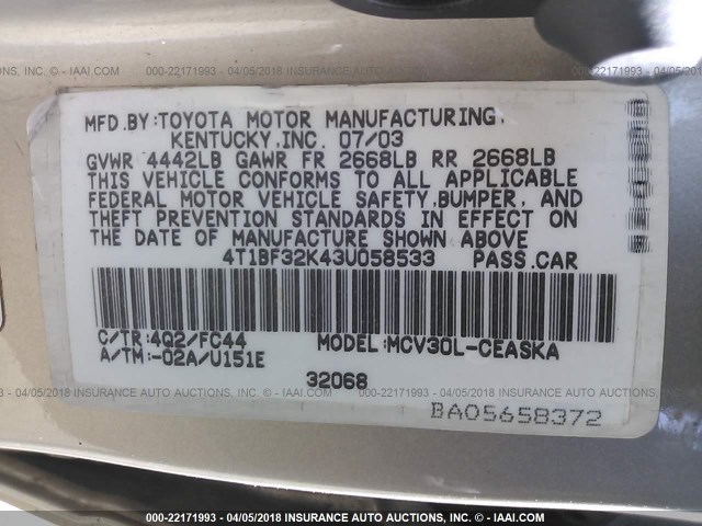 4T1BF32K43U058533 - 2003 TOYOTA CAMRY LE/XLE/SE ოქროსფერი ფოტო 9