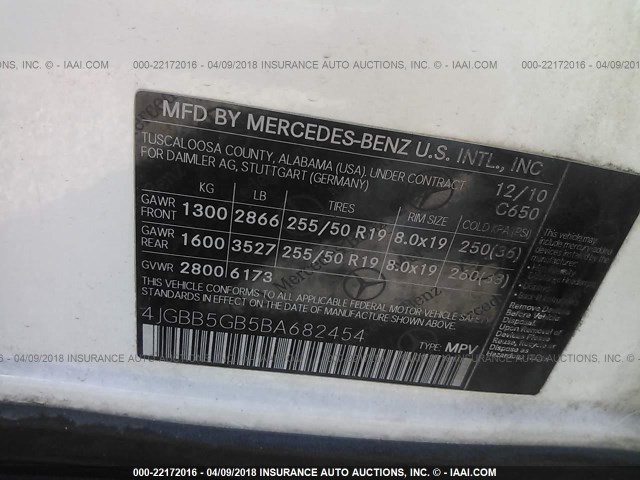 4JGBB5GB5BA682454 - 2011 MERCEDES-BENZ ML 350 WHITE photo 9