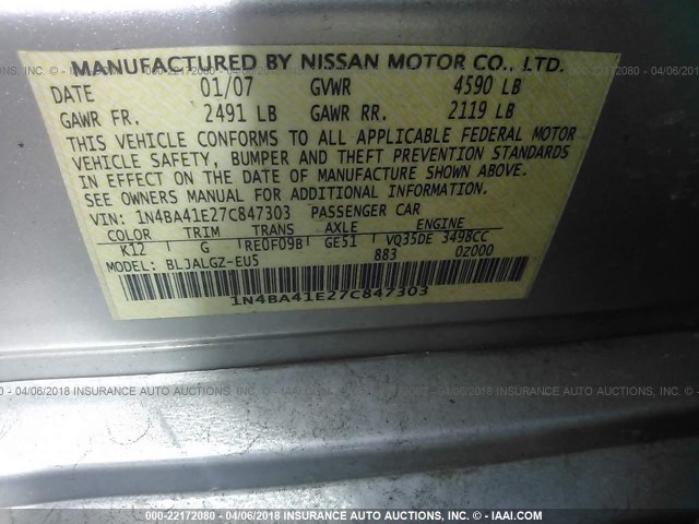 1N4BA41E27C847303 - 2007 NISSAN MAXIMA SE/SL SILVER photo 9