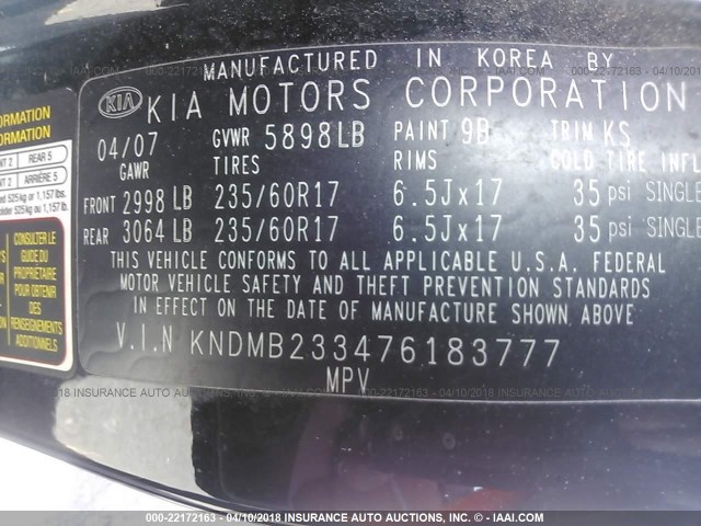 KNDMB233476183777 - 2007 KIA SEDONA EX/LX BLACK photo 9