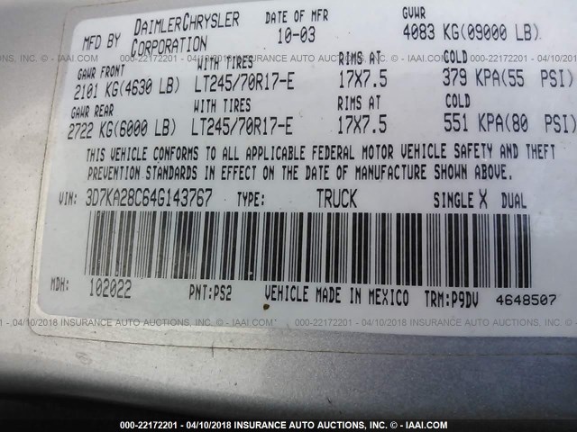 3D7KA28C64G143767 - 2004 DODGE RAM 2500 ST/SLT 银色 照片 9
