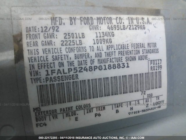 1FALP5248PG188831 - 1993 FORD TAURUS GL BLUE photo 9