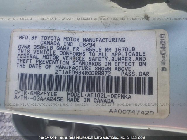 2T1AE09B4RC088872 - 1994 TOYOTA COROLLA LE/DX 蓝色 照片 9