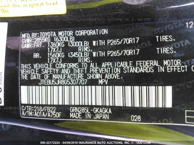 JTEBU5JR8G5307707 - 2016 TOYOTA 4RUNNER SR5 PREM/LTDL/TRAIL/TRD BLACK photo 9