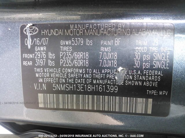 5NMSH13E18H161399 - 2008 HYUNDAI SANTA FE SE/LIMITED BLUE photo 9