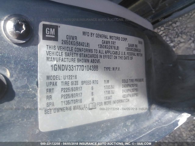 1GNDV33177D104388 - 2007 CHEVROLET UPLANDER LT BLUE photo 9