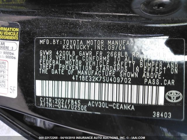 4T1BE32K75U409702 - 2005 TOYOTA CAMRY LE/XLE/SE BLACK photo 9