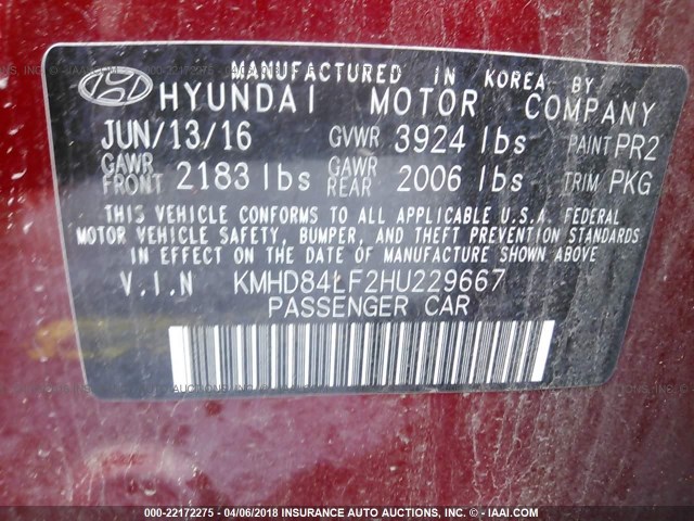 KMHD84LF2HU229667 - 2017 HYUNDAI ELANTRA SE/VALUE/LIMITED RED photo 9