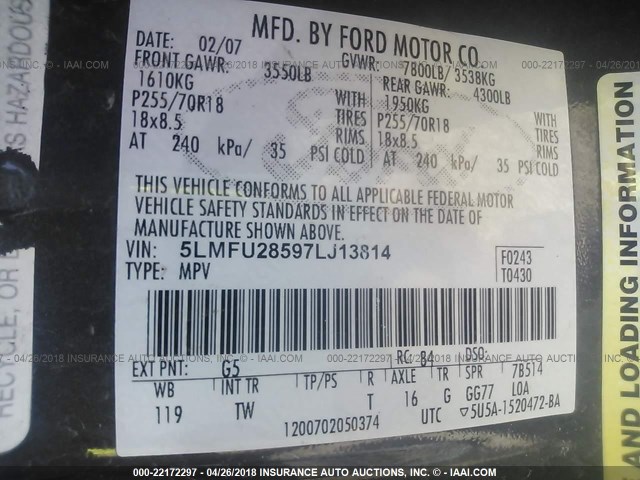 5LMFU28597LJ13814 - 2007 LINCOLN NAVIGATOR 黑色 照片 9