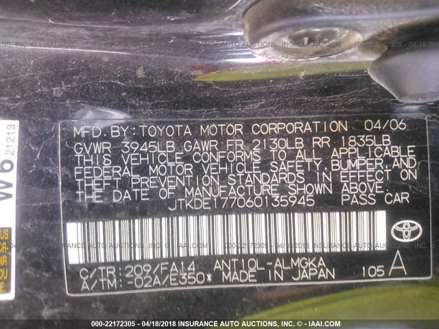 JTKDE177060135945 - 2006 TOYOTA SCION TC 黑色 照片 9
