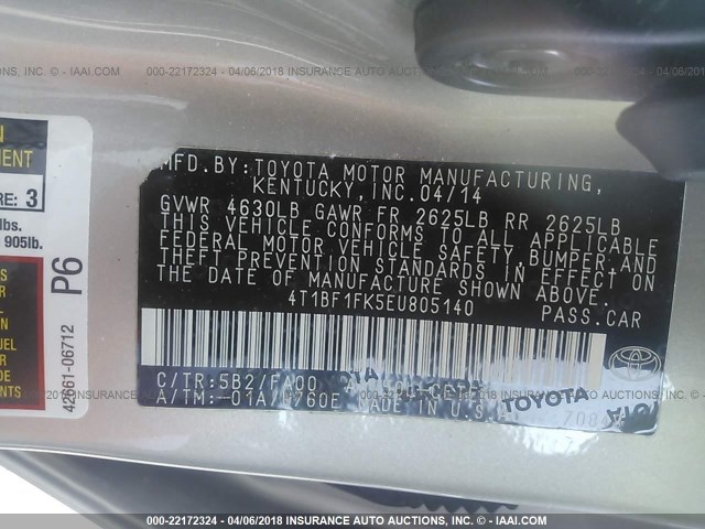 4T1BF1FK5EU805140 - 2014 TOYOTA CAMRY L/SE/LE/XLE TAN photo 9