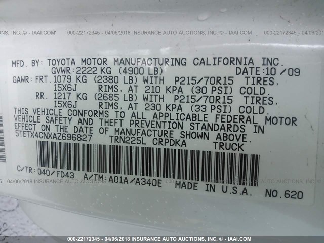 5TETX4CNXAZ696827 - 2010 TOYOTA TACOMA ACCESS CAB WHITE photo 9