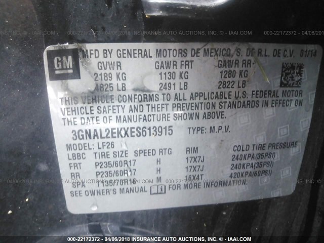 3GNAL2EKXES613915 - 2014 CHEVROLET CAPTIVA LS 黑色 照片 9