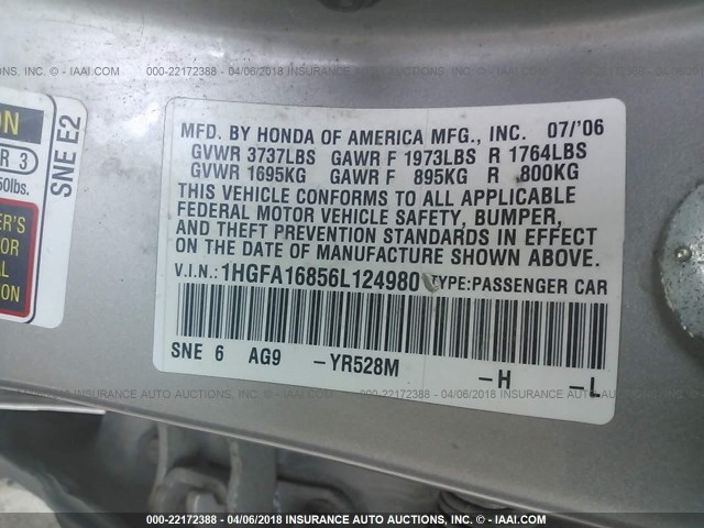 1HGFA16856L124980 - 2006 HONDA CIVIC EX BROWN photo 9