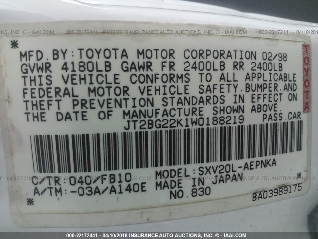 JT2BG22K1W0188219 - 1998 TOYOTA CAMRY CE/LE/XLE WHITE photo 9