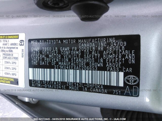 2T1KU4EEXAC206653 - 2010 TOYOTA COROLLA MATRIX  SILVER photo 9