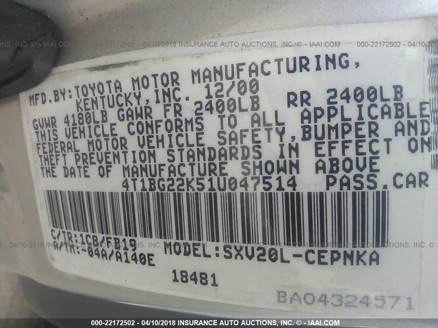 4T1BG22K51U047514 - 2001 TOYOTA CAMRY CE/LE/XLE SILVER photo 9