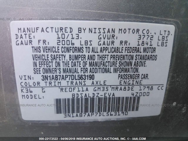 3N1AB7AP7DL563190 - 2013 NISSAN SENTRA S/SV/SR/SL GRAY photo 9