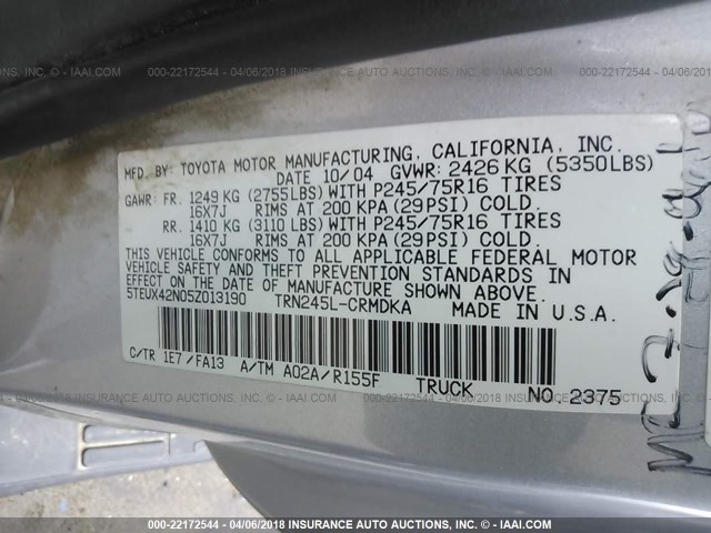 5TEUX42N05Z013190 - 2005 TOYOTA TACOMA ACCESS CAB SILVER photo 9