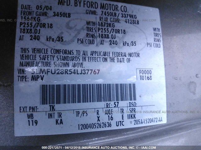 5LMFU28R54LJ37767 - 2004 LINCOLN NAVIGATOR GRAY photo 9