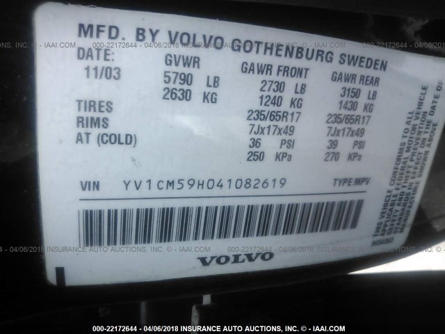 YV1CM59H041082619 - 2004 VOLVO XC90 BLACK photo 9