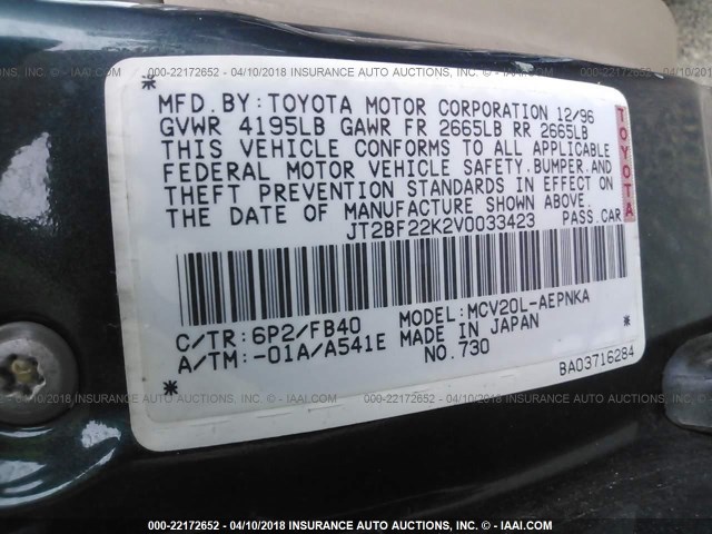 JT2BF22K2V0033423 - 1997 TOYOTA CAMRY LE/XLE GREEN photo 9