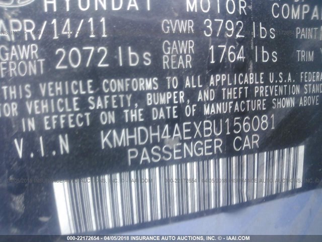 KMHDH4AEXBU156081 - 2011 HYUNDAI ELANTRA GLS/LIMITED Light Blue photo 9