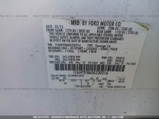 1FAHP2F86DG230216 - 2013 FORD TAURUS LIMITED WHITE photo 9